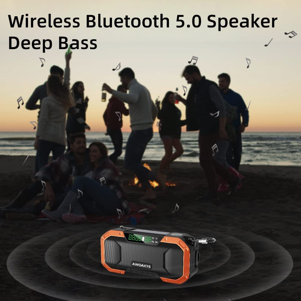 Emergency Hand Crank Solar Cell Phone Charger, SOS Alarm Radio,Waterproof Bluetooth Speaker,AM FM NOAA Portable Digital Weather Radio with Flashlight,Reading Lamp,5000mAh ,Compass,Survival Camping Gear