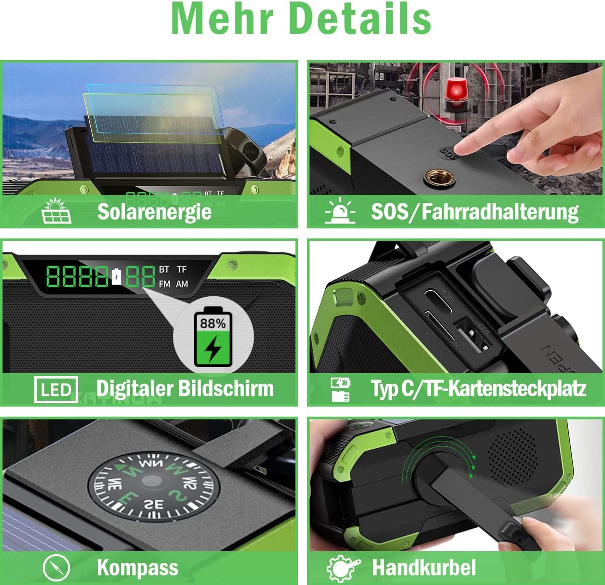 Emergency Hand Crank Solar Cell Phone Charger, SOS Alarm Radio,Waterproof Bluetooth Speaker,AM FM NOAA Portable Digital Weather Radio with Flashlight,Reading Lamp,5000mAh ,Compass,Survival Camping Gear
