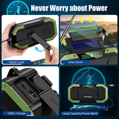 Emergency Hand Crank Solar Cell Phone Charger, SOS Alarm Radio,Waterproof Bluetooth Speaker,AM FM NOAA Portable Digital Weather Radio with Flashlight,Reading Lamp,5000mAh ,Compass,Survival Camping Gear