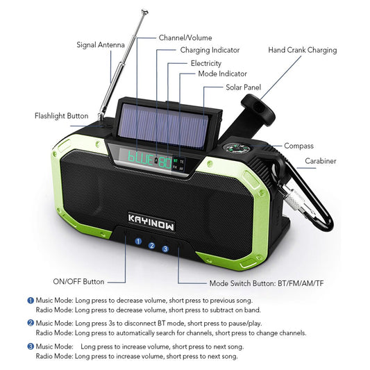 Emergency Hand Crank Solar Cell Phone Charger, SOS Alarm Radio,Waterproof Bluetooth Speaker,AM FM NOAA Portable Digital Weather Radio with Flashlight,Reading Lamp,5000mAh ,Compass,Survival Camping Gear