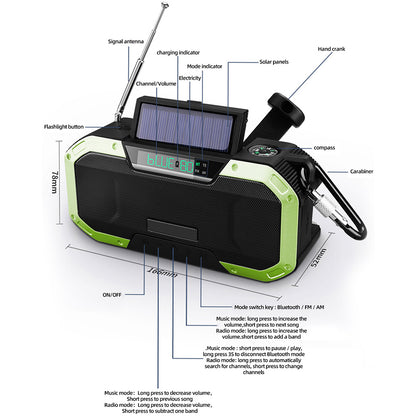 Emergency Hand Crank Solar Cell Phone Charger, SOS Alarm Radio,Waterproof Bluetooth Speaker,AM FM NOAA Portable Digital Weather Radio with Flashlight,Reading Lamp,5000mAh ,Compass,Survival Camping Gear